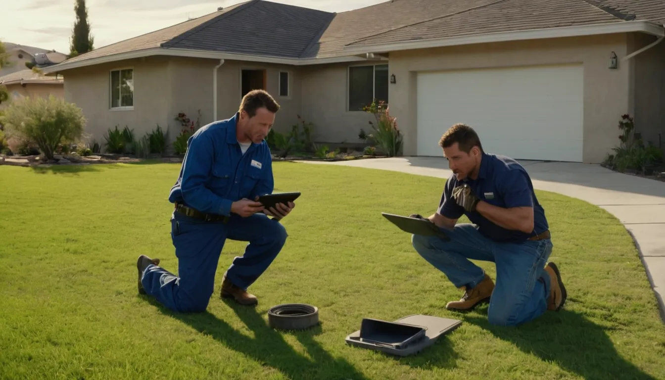 Provider reviewing a camera inspection screen beside an open sewer cleanout at a home in Calabasas